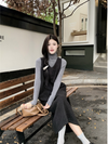 [29] Korean style V-neck wool jumper skirt for women, new for spring, loose fit, A-line, long dress, luxurious feel