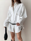 [11] Oversized striped shirt coat for women, boyfriend style, Korean style, oversized fit, covers the body shape